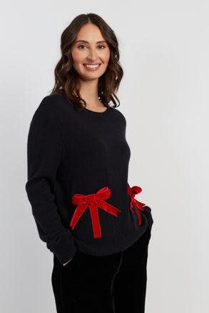 Chinti and Parker Black Merino Wool Velvet Bow Sweater