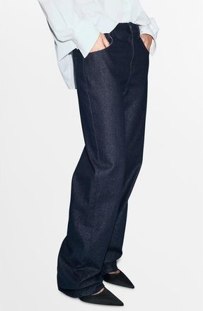 Mango Metallic Straight Leg Jeans in Dark Blue at Nordstrom Rack, Size 14