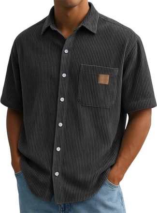 Generic Mens Short Sleeve Corduroy Shirt Button Up Summer Beach Striped Textured Shirts Pocket Front Collared Shirt Solid Color Hawaiian Bowling Shirts Big an