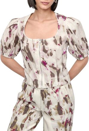 DKNY Dkny Puff Sleeve Zip Front Linen Top