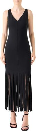 Akris Fringe Hem Sleeveless Midi Dress in Black at Nordstrom, Size 14
