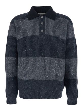 Dunst Grey Polo Shirt With Ribbed Design And Striped Motif In Wool Man