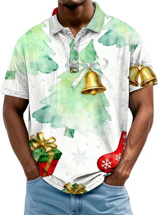 Generic Christmas Polo Shirts for Men Xmas Tree Santa Snowflake Print Golf Shirts 1/4 Button Lapel Short Sleeve Holiday Party Tees, Green, L