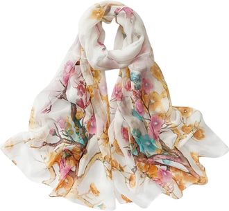 Generic Scarfs for Women Chiffon Scarf Lightweight Plum Blossom Leaf Pattern for Beach Daily Party Banquet (Plum Blossom White)