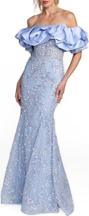 Mac Duggal Beaded Applique Off The Shoulder Mermaid Gown in Periwinkle at Nordstrom, Size 10