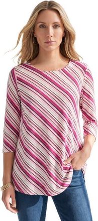 Roaman's Plus Size Ultimate Three Quarter Sleeve Swing Tee in Berry Diagonal Stripe at Nordstrom, Size 24