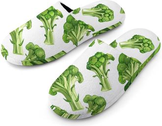 Generic Green Broccoli Vegetable Warm Mens Slippers Slip On Soft Fleece House Shoes Winter Indoor Outdoor