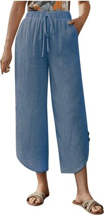 Generic Work Leisure Comfy Pant for Women Wide Leg Trouser Womens Fashionable and Casual Solid Color Cotton and Linen Drawstring Nine Point Pants with Pocket 