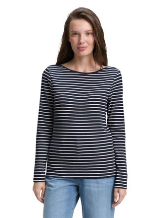 Tom Tailor Langarmshirt TOM TAILOR, Damen, Gr. XXL, weiss (navy sanftes wei&szlig; tee stripe), Jersey, Obermaterial: 97% Baumwolle, 3% Elasthan, gestreift, regular fi