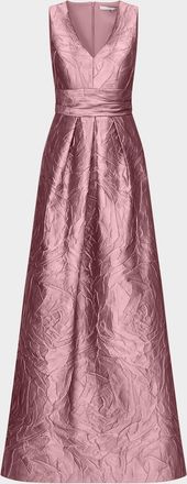 Kay Unger Mariah V-Neck Sleeveless Jacquard A-Line Gown