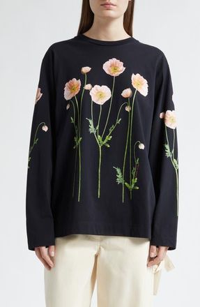 Simone Rocha Poppy Field Print Long Sleeve Graphic T-Shirt in Black at Nordstrom, Size Large