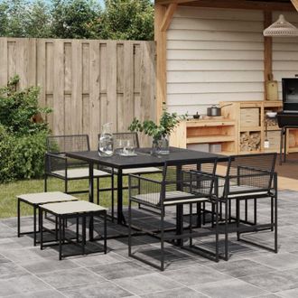 vidaXL Vidaxl - Set De Comedor De Jard&iacute;n 9 Pzas Y Cojines Rat&aacute;n Sint&eacute;tico Negro