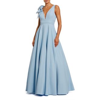 Mac Duggal Petite Sleeveless Plunge Neck Ball Gown With Bow Detail in Powder Blue at Nordstrom, Size 4