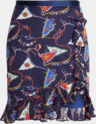 Etro Nautical Print Georgette Ruffled Tulip Mini Skirt