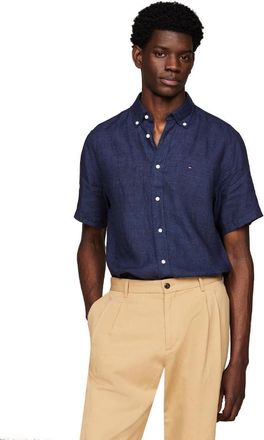 Tommy Hilfiger Mens Short Sleeve Casual Linen Button Down Shirts in Regular Fit Short Sleeve Casual Linen Shirts with Button Placket in Regular Fit, Carbon Navy, XL