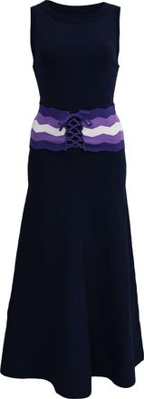 Sandro Sandro Kimiko Corset-Detail Midi Dress in Navy Blue Polyester