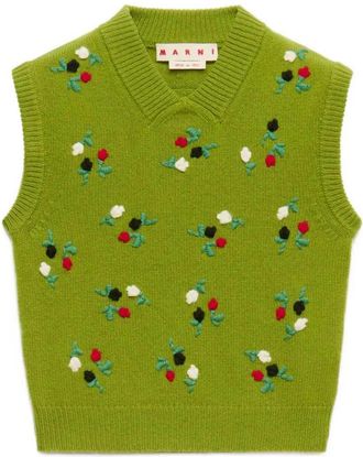 Marni Green Wool And Cashmere Vest With Floral Embroidery