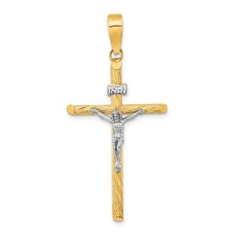 Diamond2Deal 14k Yellow Gold White Rhod Polished Textured INRI Crucifix Cross Pendant