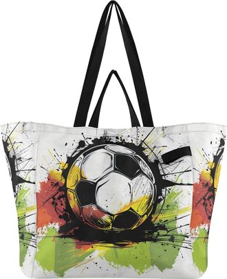 Generic Soccer pattern Reusable Canvas Tote Bag, Heavy Duty Grocery Shopping Bag with Double Handles Large Capacity Hard Bottom Work Groceries Travel