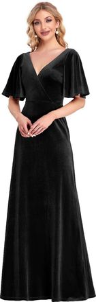 Ever-pretty Womens Deep V-Neck Half Sleeves Backless A Line Velvet Maxi Formal Evening Dresses Black 16UK