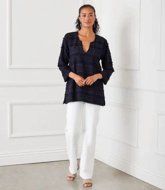 Karen Kane Nesta Three Quarter Sleeve Embroidered Tunic In Navy