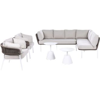 Beliani 7 Seater Garden Lounge Set with Tables Beige Fabric Cushions Aluminium Frame and Rope Weave Style Backrests ROBELLA