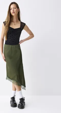 Twik Womens Asymmetrical lace satiny midi skirt