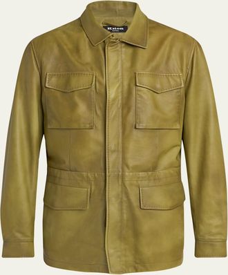 Kiton Mens Leather Flap-Pocket Field Jacket
