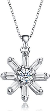 Rachel Glauber White Gold Plated with Clear Cubic Zirconia Starry Cluster Flower Pendant Necklace