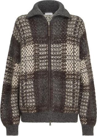 Brunello Cucinelli Dazzling Tartan Double Knit Outerwear Jacket In Mohair, Virgin Wool And Cashmere With Shiny Zipper Pull