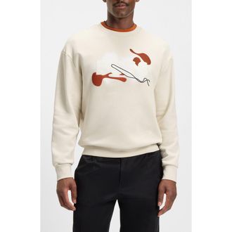 BOSS Soleri Abstract Graphic Cotton Fleece Crewneck Sweatshirt in Open White at Nordstrom, Size Xx-Large