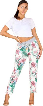 Generic Womens Italian Multi Floral Printed Turn Up Trouser - Ladies Plain Elasticated Waistband Causal Summer Drawstring Bottom Pants (Tropical White, 16-20)
