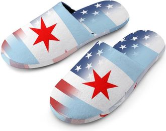 Generic U.S.A And Chicago Flag Mens Cozy House Slippers Winter Warm Shoes with Anti-Slip Sole for Travel Indoor Outdoor