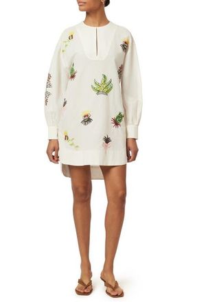 Scotch & Soda Embroidered Long Sleeve Cotton & Linen Shift Dress in Eggnog at Nordstrom, Size 12 Us