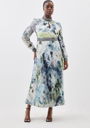 Karen Millen Plus Size Diamante Trim Floral Woven Maxi Dress
