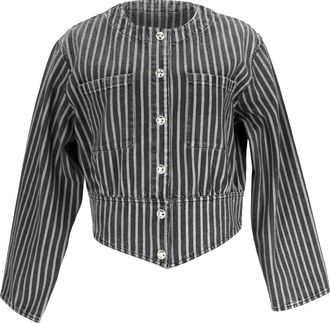 Chanel Womens Striped Button-Down Denim Jacket in Black Cotton - Size Medium