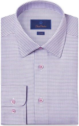 David Donahue Trim Fit Microcheck Cotton Twill Dress Shirt in White/Pink at Nordstrom, Size 15.5 - 32