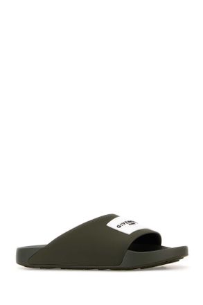 Givenchy Mens Army Green Rubber Label Slippers Khaki Flat Shoes