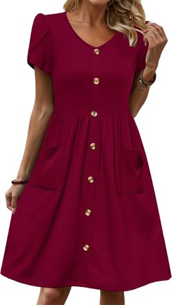 Zeagoo Womens Dresses Summer Short Sleeve Dress Elagant V Neck Tunic Dress Ruffles Casual Midi Dress with Pockets Red S
