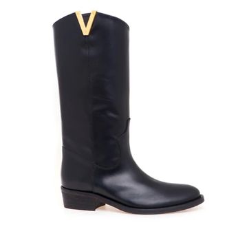 Via Roma 15 Black High Boots with Golden V - female - Via Roma 15 - High Boots - Black - 6 UK - Shoes