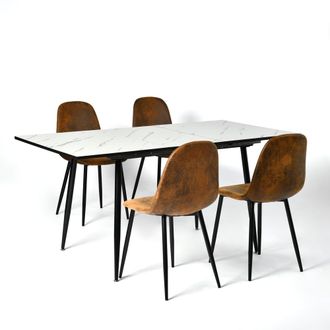 Urban Meuble Juego de mesa extensible blanca 120-160 y 4 sillas vintage marr&oacute;n