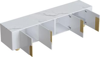 STILVORA Mueble Tv 180&times;40&times;44 Cm Con 4 Puertas Y Patas Esf&eacute;ricas, Efecto M&aacute;rmol Y Madera, En Mdf Y Aglomerado, Blanco