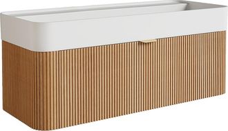 Vente-Unique Mueble de ba&ntilde;o suspendido estriado en madera de fresno con lavabo encastrado de resina blanco mate - Natural claro - 100 cm - BULMAS