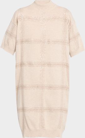 Brunello Cucinelli Prince Of Wales Paillette Short-Sleeve Wool-Cashmere Sweater Dress