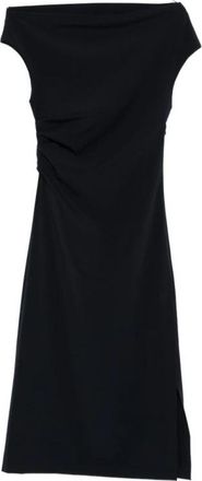 P.A.R.O.S.H. Stretch Midi Jurk met Geplooide Details en Zijsplit - Dames - Casual kleedjes - Zwart - XS - Kleedjes