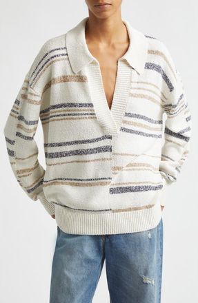 TWP V Neck Long Sleeve Polo Sweater in Ivory Multi at Nordstrom, Size X-Small