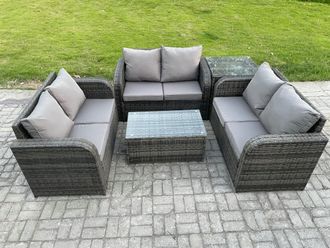 Fimous Outdoor Garden Furniture Sets 6 Seater Wicker Rattan Furniture Sofa Sets with Rectangular Coffee Table Love Sofa Side Table in Dark Grey