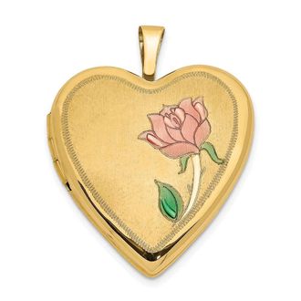 Diamond2Deal 14k Yellow Gold Pink and Green Enamel Rose 20mm Heart Locket