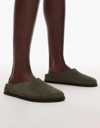 Topshop Abbie suede mules in khaki-Green