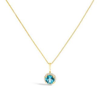 House of Brilliance 10K Gold Gemstone and 1/10 Cttw Diamond Accent Halo Pendant Necklace in Yellow | Blue Topaz at Nordstrom